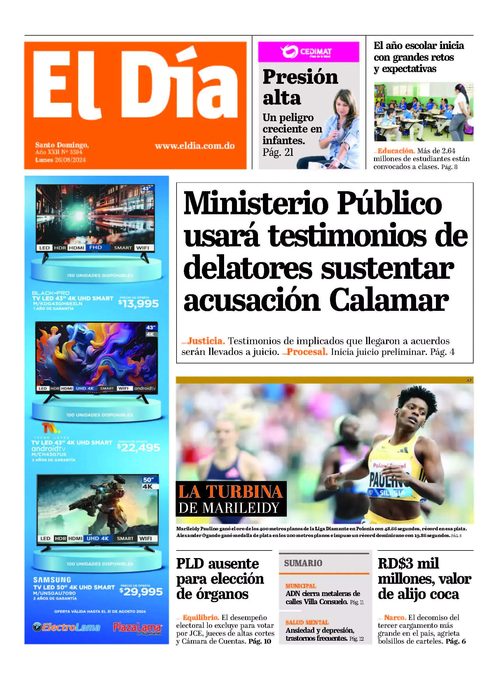 Portada Periódico El Día, Lunes 26 Agosto, 2024