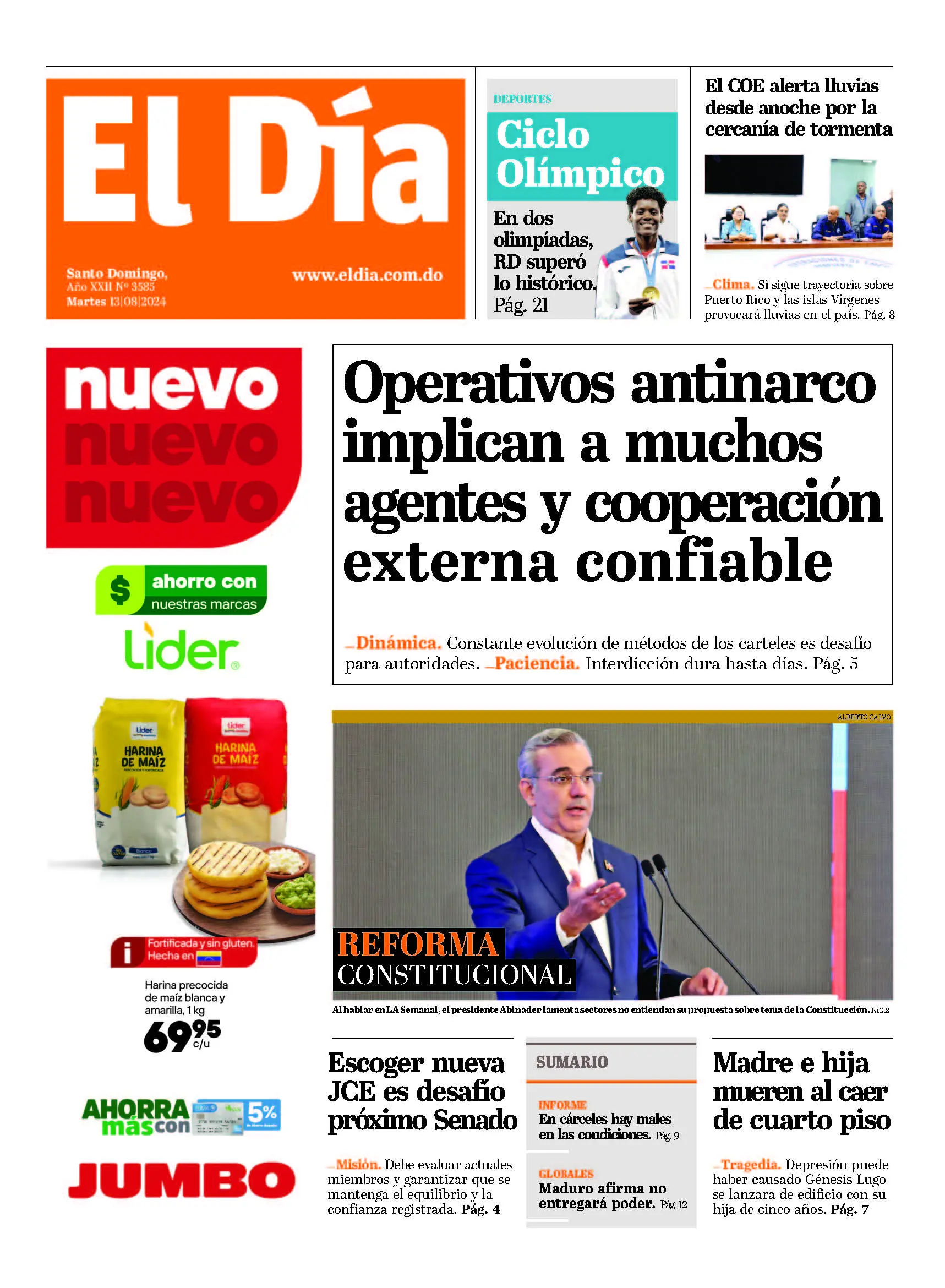 Portada Periódico El Día, Martes 13 Agosto, 2024