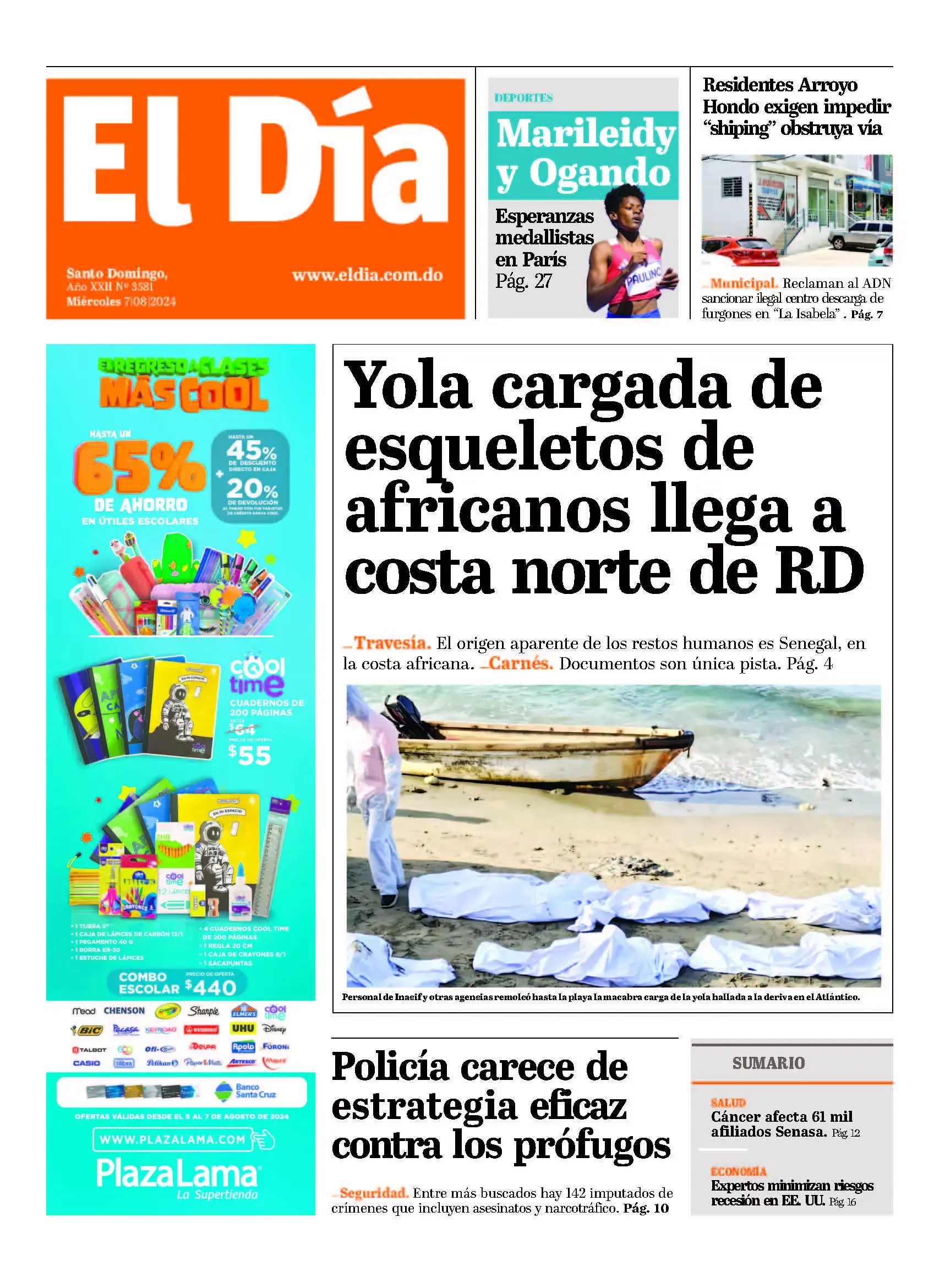 Portada Periódico El Día, Miércoles 07 Agosto, 2024