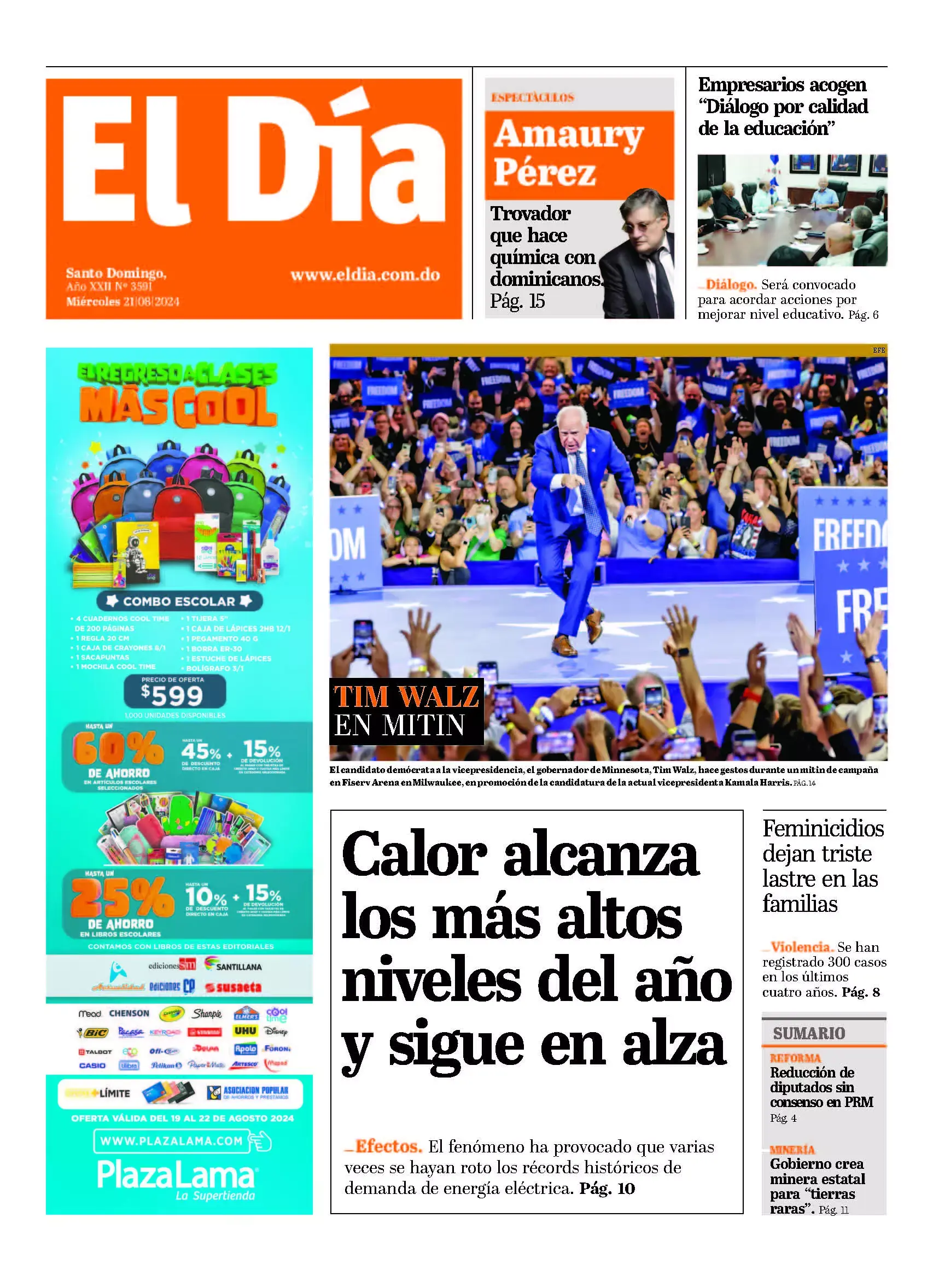 Portada Periódico El Día, Miércoles 21 Agosto, 2024