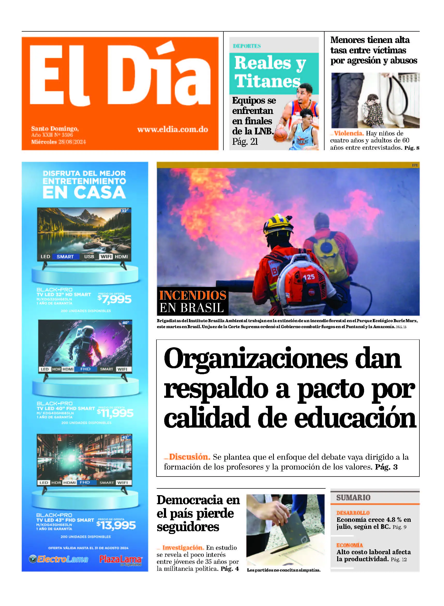 Portada Periódico El Día, Miércoles 28 Agosto, 2024