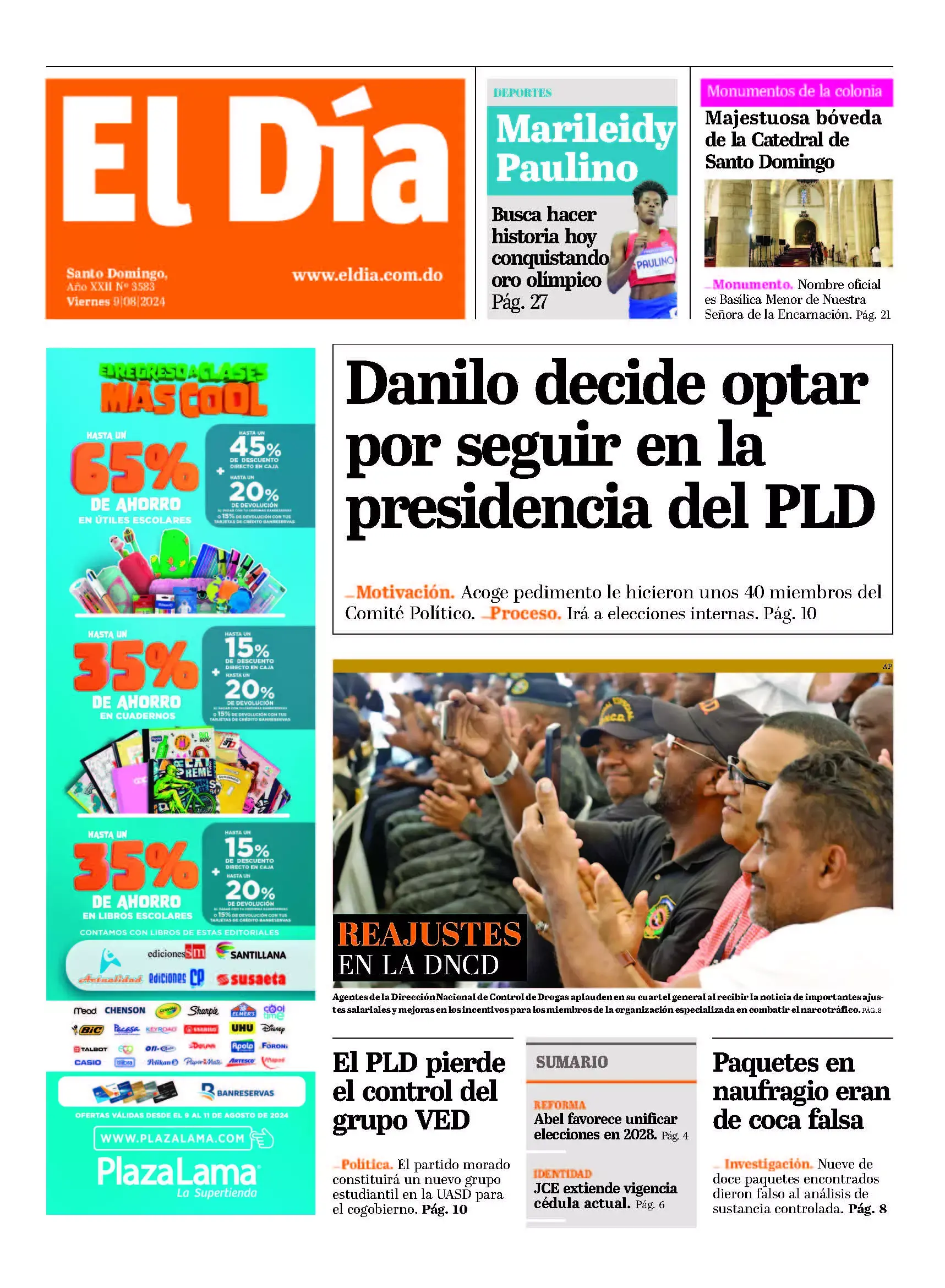 Portada Periódico El Día, Viernes 09 Agosto, 2024