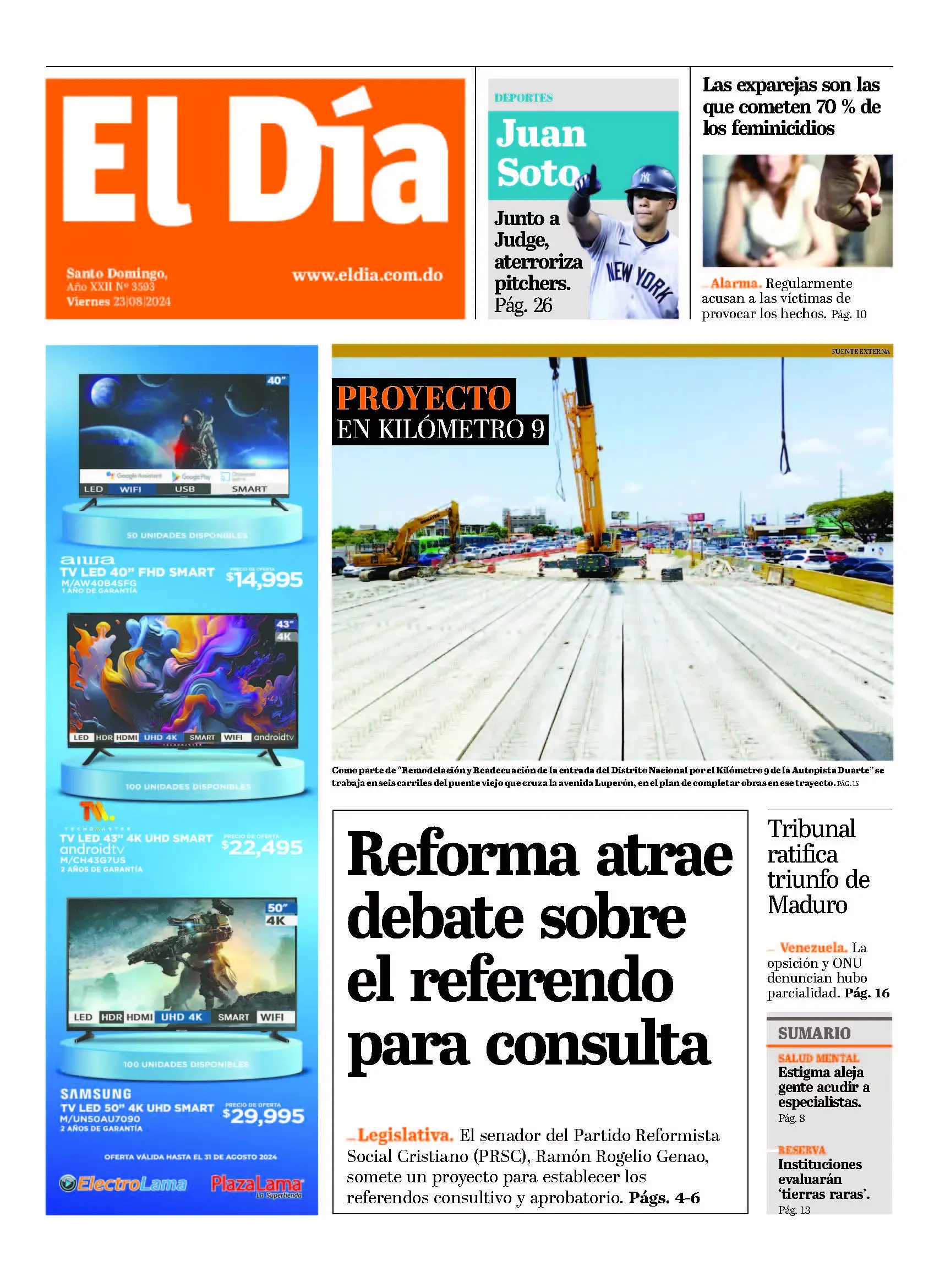 Portada Periódico El Día, Viernes 23 Agosto, 2024