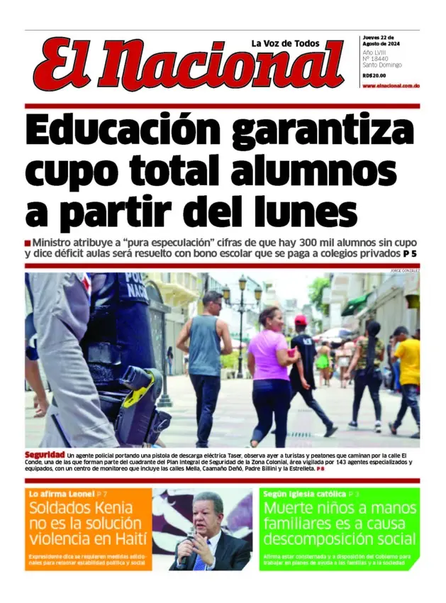 Portada Periódico El Nacional, Jueves 22 Agosto, 2024