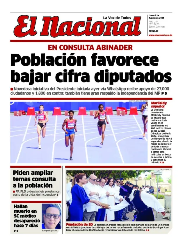 Portada Periódico El Nacional, Lunes 05 Agosto, 2024