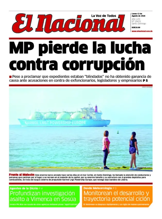 Portada Periódico El Nacional, Lunes 12 Agosto, 2024