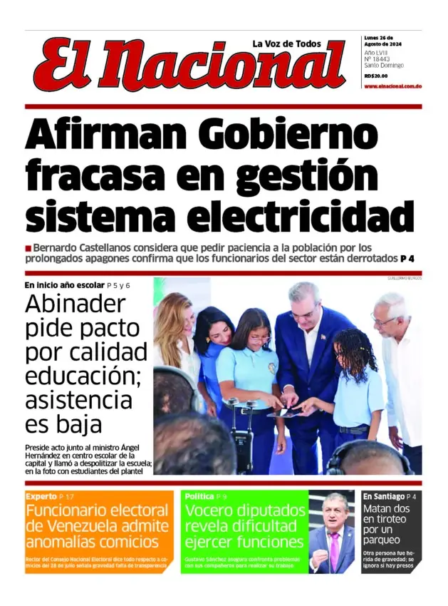 Portada Periódico El Nacional, Lunes 26 Agosto, 2024