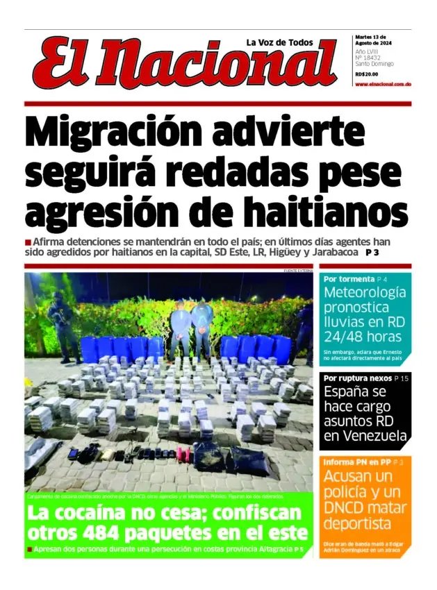 Portada Periódico El Nacional, Martes 13 Agosto, 2024