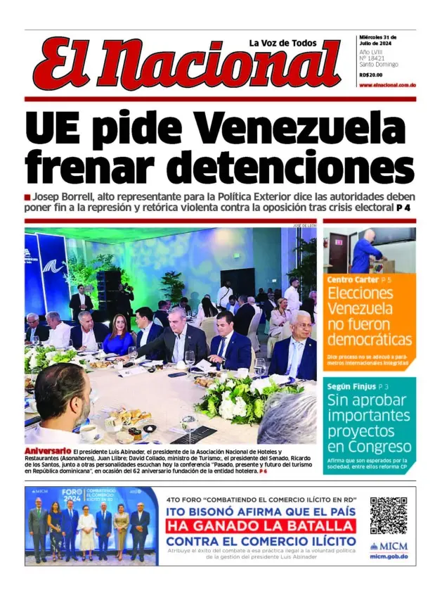 Portada Periódico El Nacional, Miércoles 31 Julio, 2024