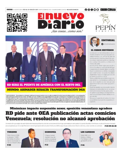 Portada Periódico El Nuevo Diario, Jueves 01 Agosto, 2024