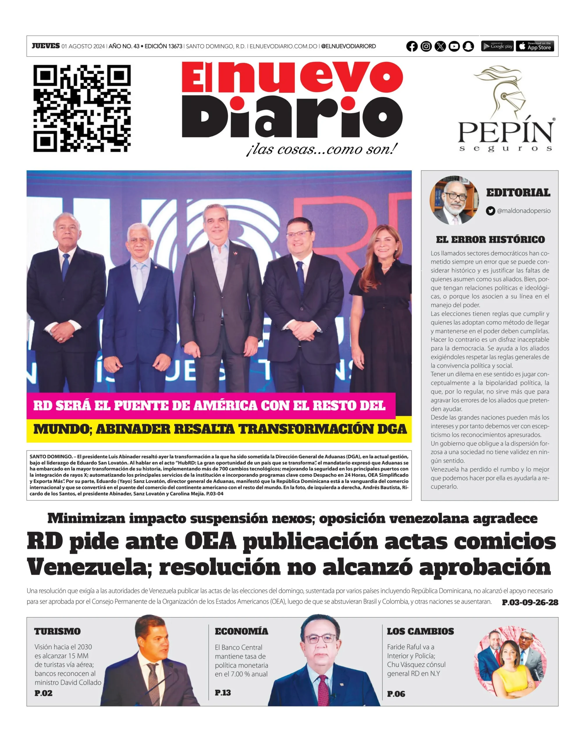 Portada Periódico El Nuevo Diario, Jueves 01 Agosto, 2024