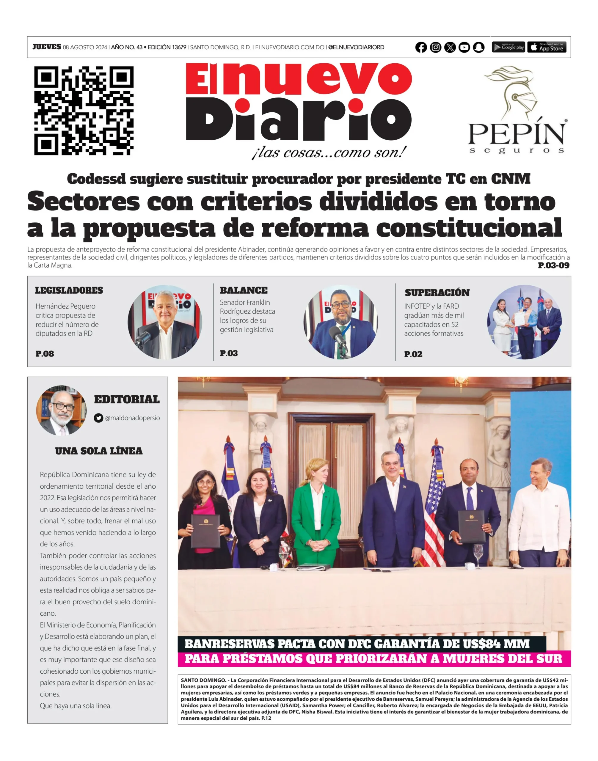 Portada Periódico El Nuevo Diario, Jueves 08 Agosto, 2024