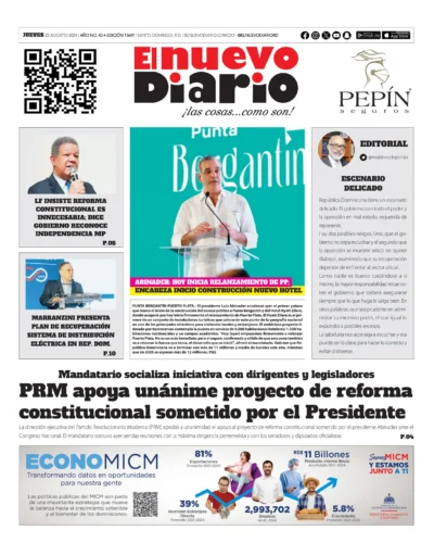 Portada Periódico El Nuevo Diario, Jueves 22 Agosto, 2024