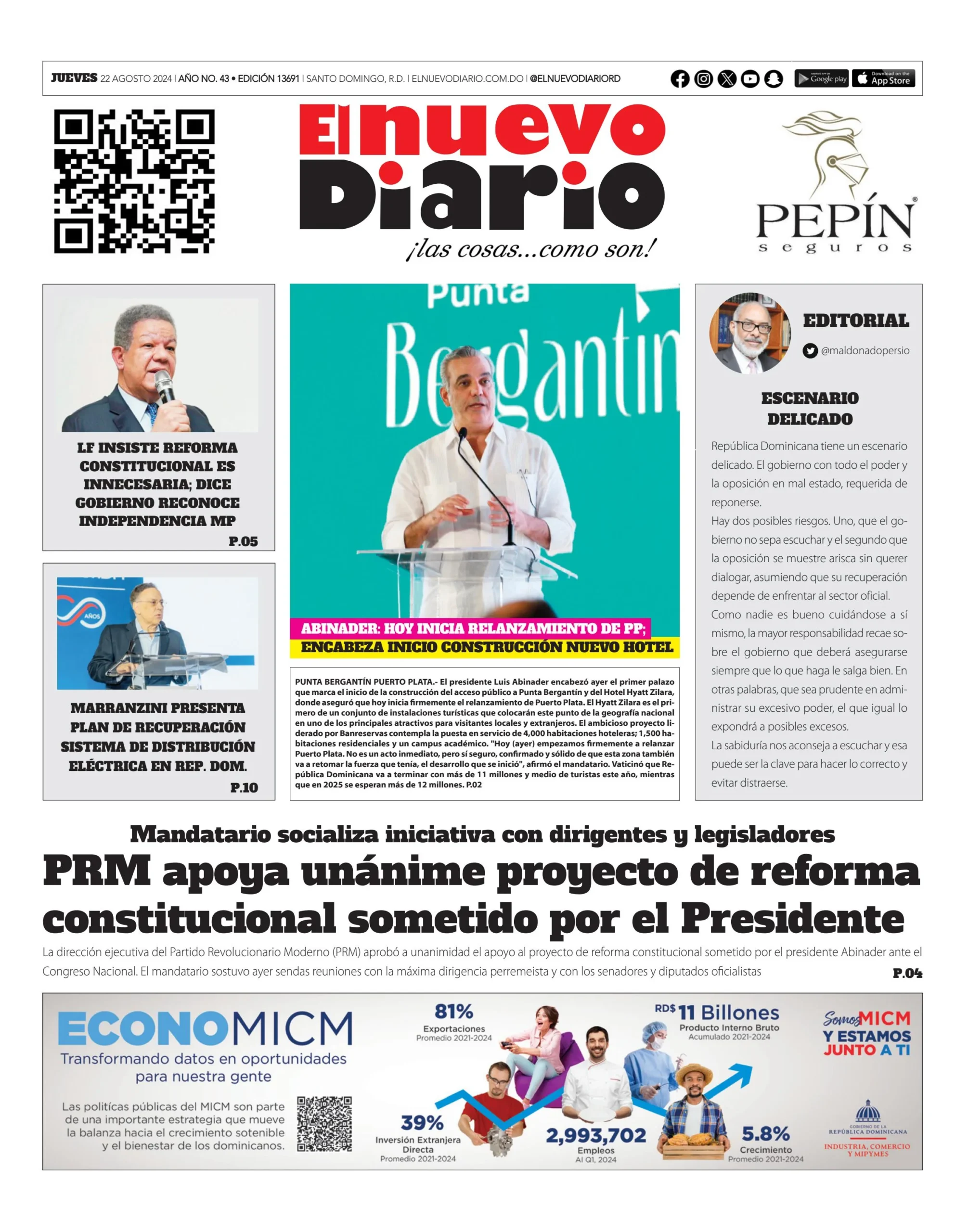 Portada Periódico El Nuevo Diario, Jueves 22 Agosto, 2024