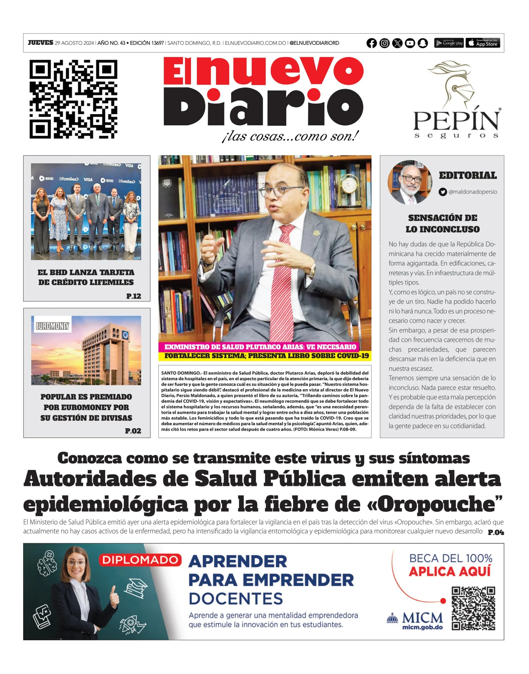 Portada Periódico El Nuevo Diario, Jueves 29 Agosto, 2024