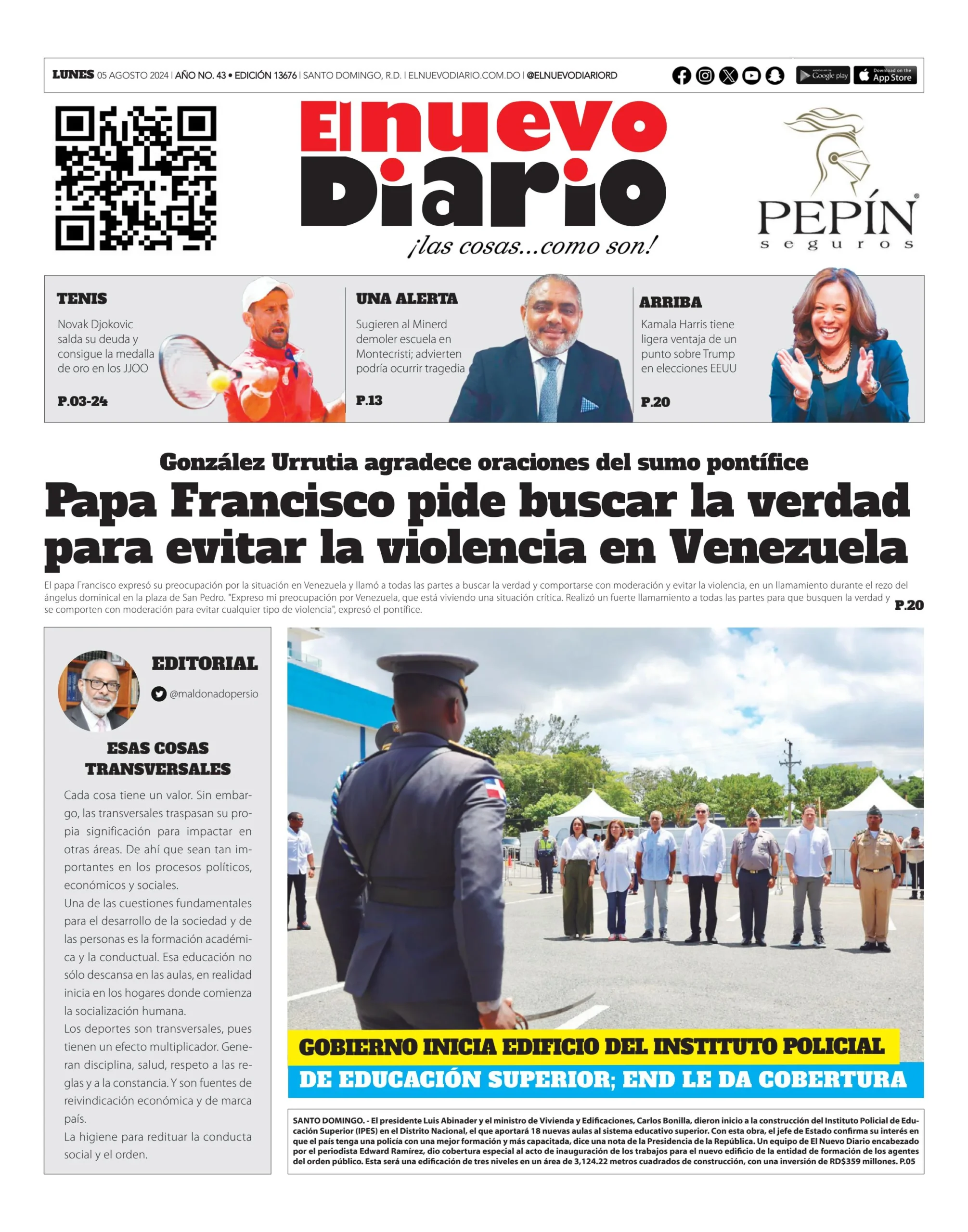 Portada Periódico El Nuevo Diario, Lunes 05 Agosto, 2024