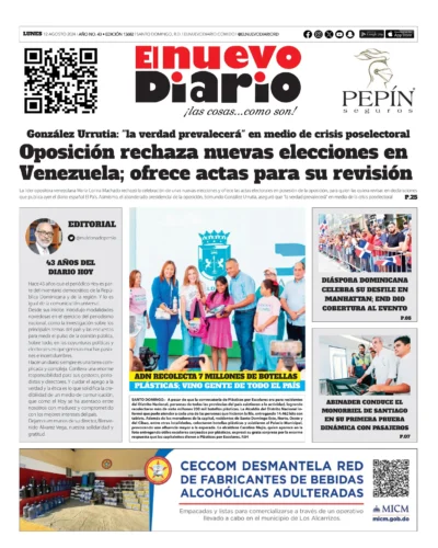 Portada Periódico El Nuevo Diario, Lunes 12 Agosto, 2024