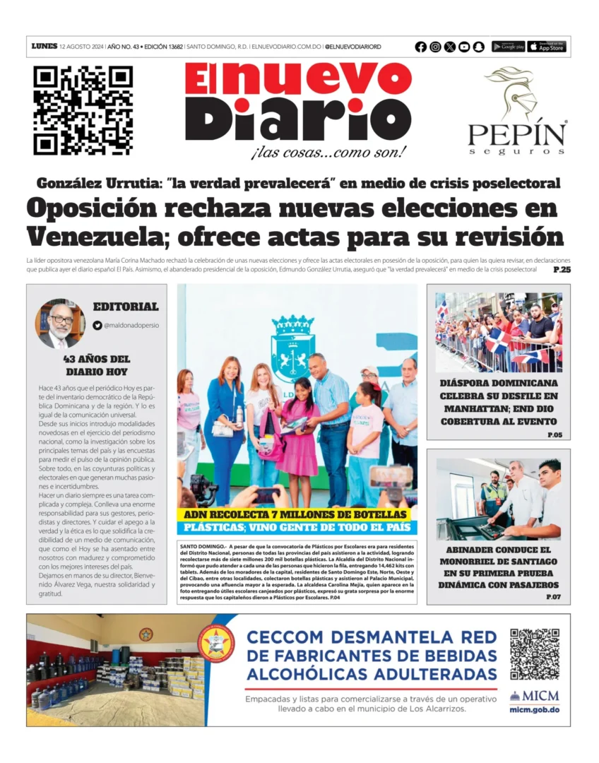 Portada Periódico El Nuevo Diario, Lunes 12 Agosto, 2024