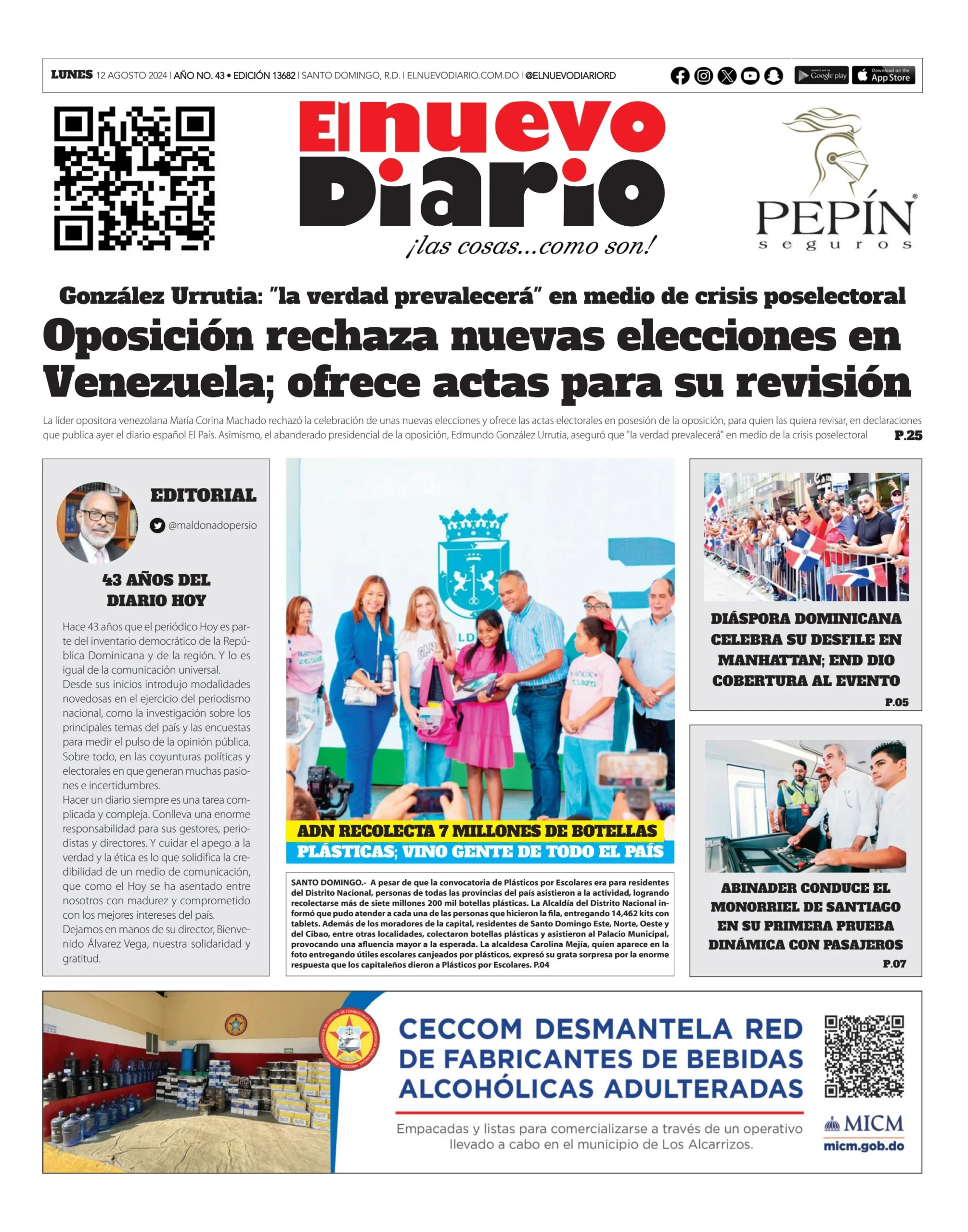 Portada Periódico El Nuevo Diario, Lunes 12 Agosto, 2024