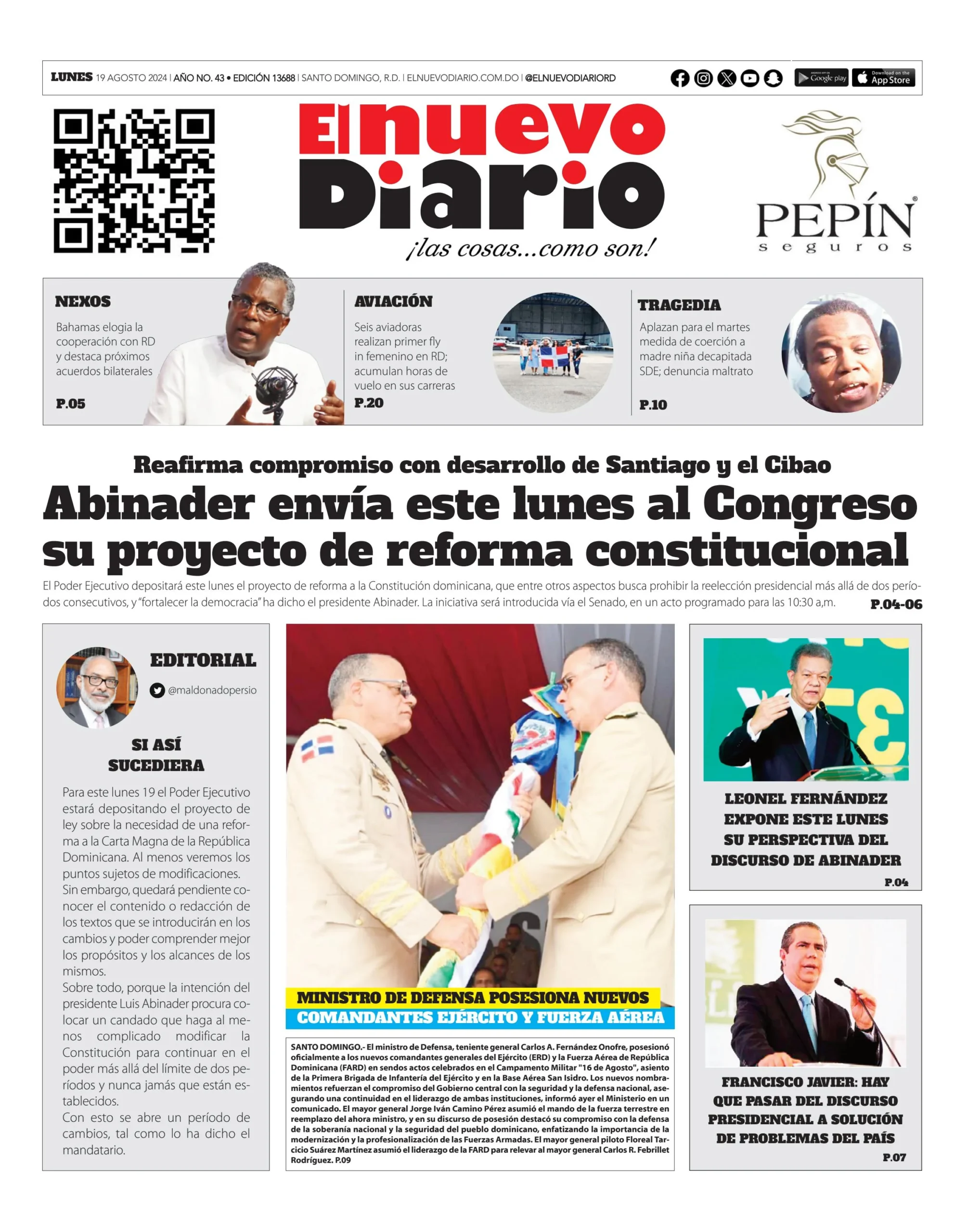 Portada Periódico El Nuevo Diario, Lunes 19 Agosto, 2024