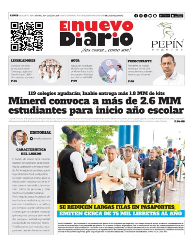 Portada Periódico El Nuevo Diario, Lunes 26 Agosto, 2024