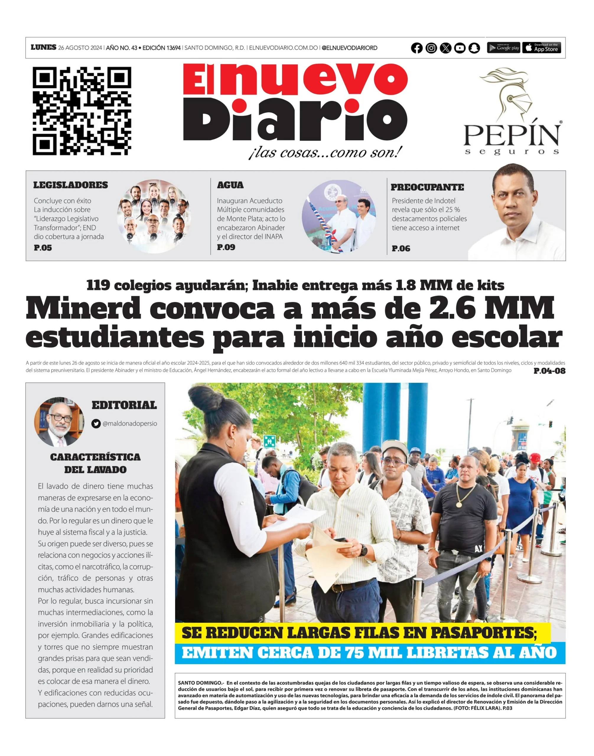 Portada Periódico El Nuevo Diario, Lunes 26 Agosto, 2024