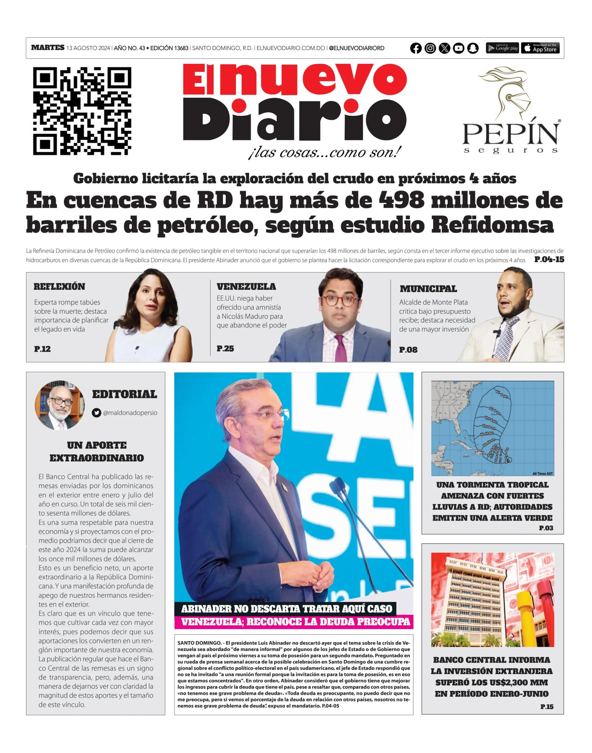 Portada Periódico El Nuevo Diario, Martes 13 Agosto, 2024