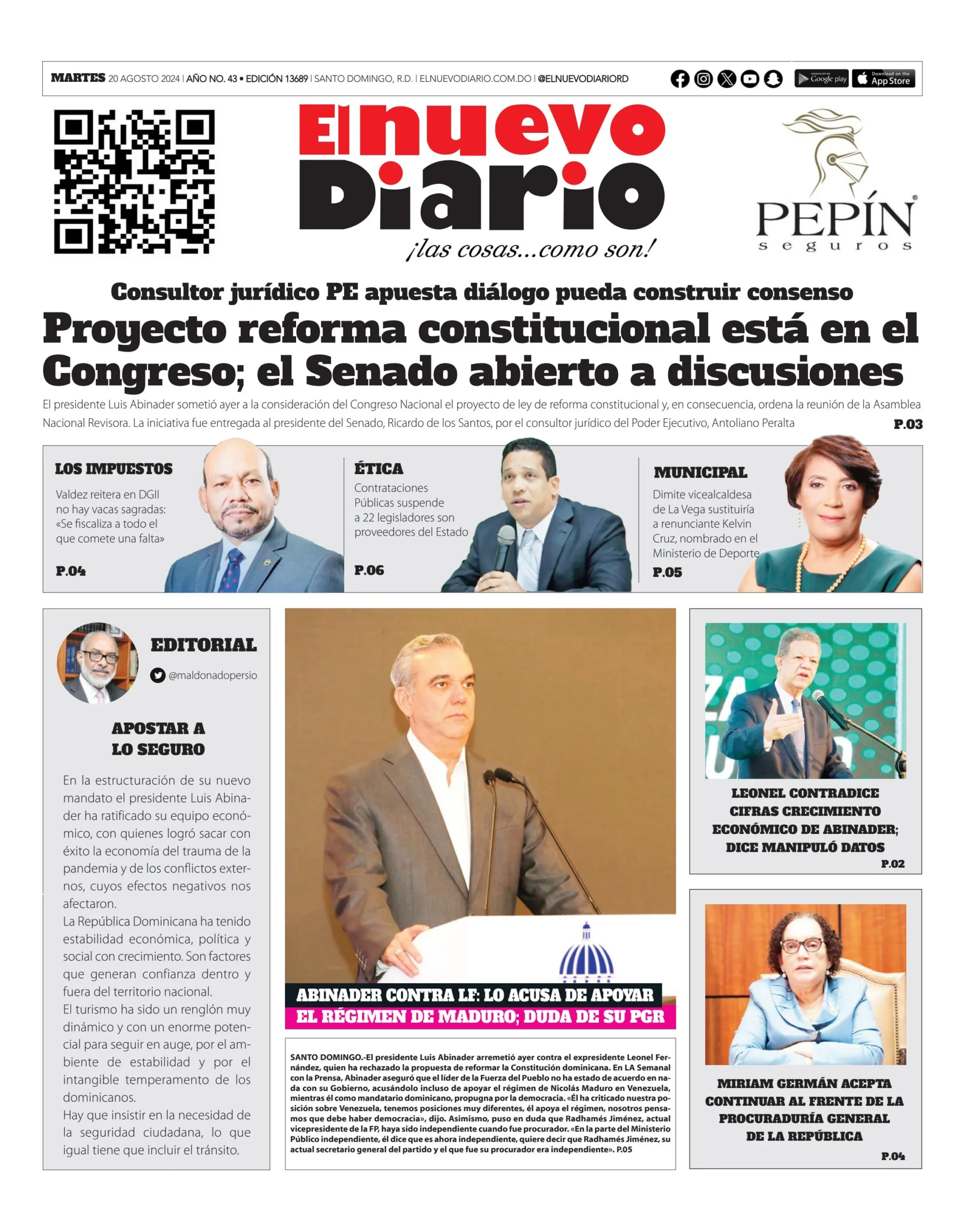 Portada Periódico El Nuevo Diario, Martes 20 Agosto, 2024