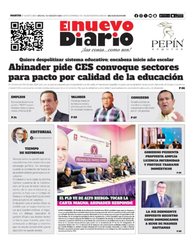 Portada Periódico El Nuevo Diario, Martes 27 Agosto, 2024