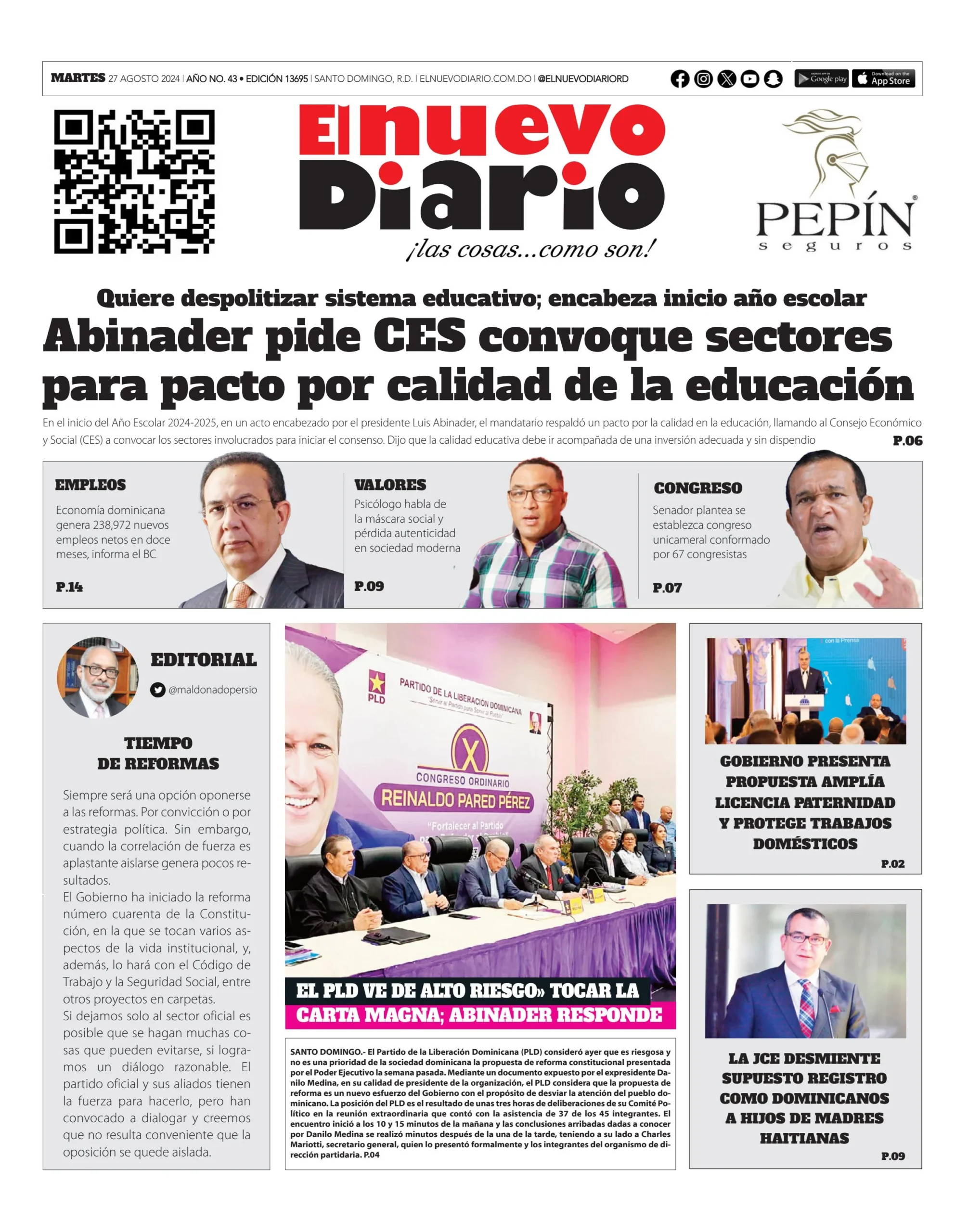 Portada Periódico El Nuevo Diario, Martes 27 Agosto, 2024