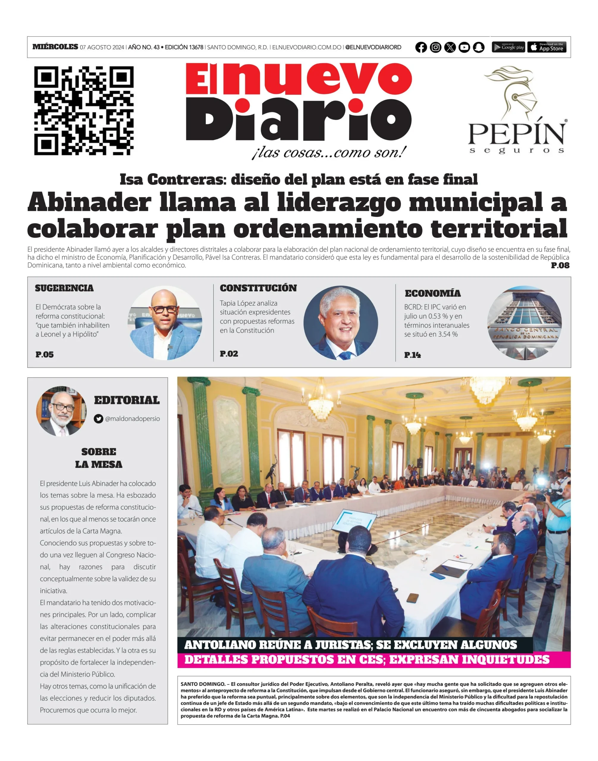 Portada Periódico El Nuevo Diario, Miércoles 07 Agosto, 2024