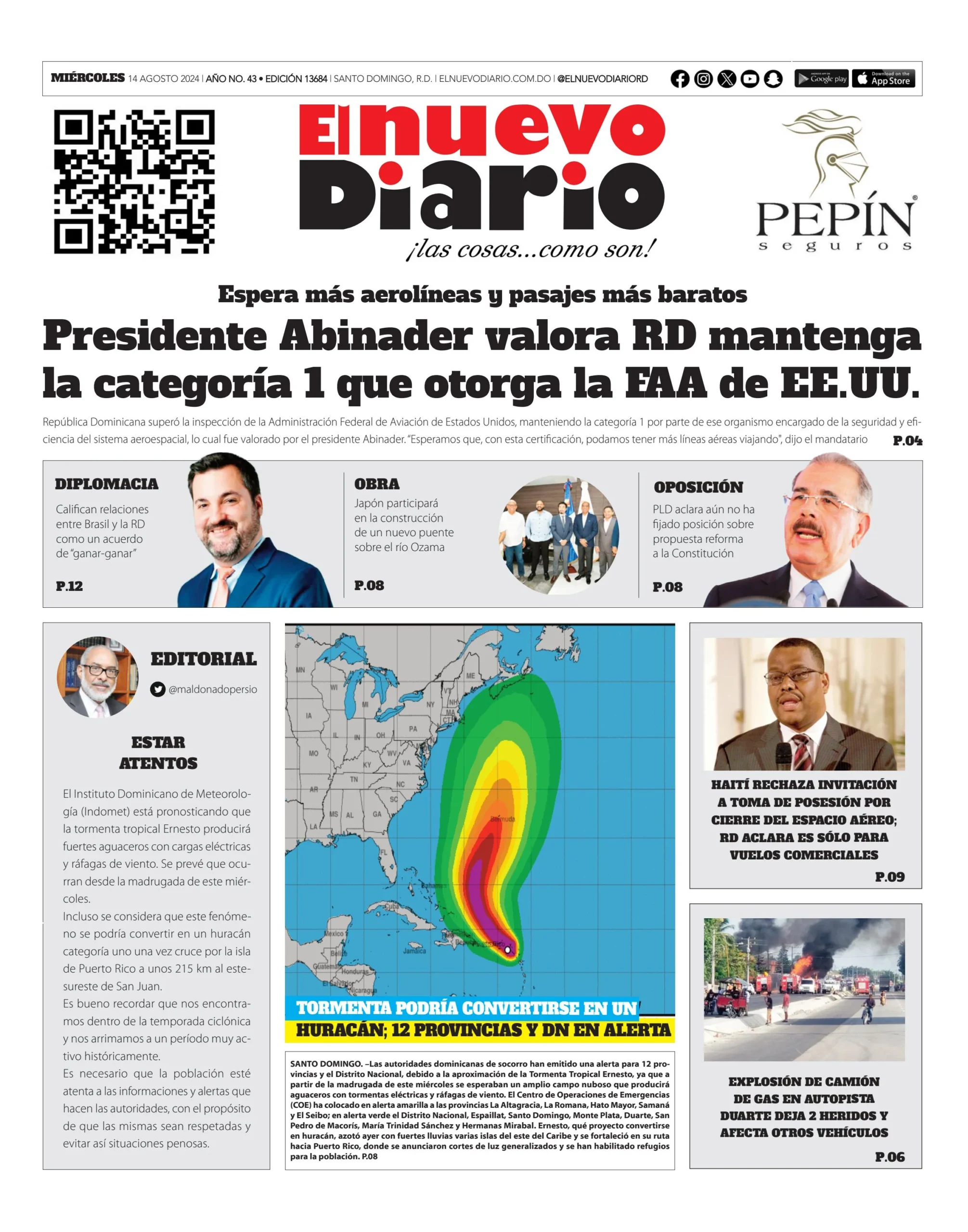 Portada Periódico El Nuevo Diario, Miércoles 14 Agosto, 2024