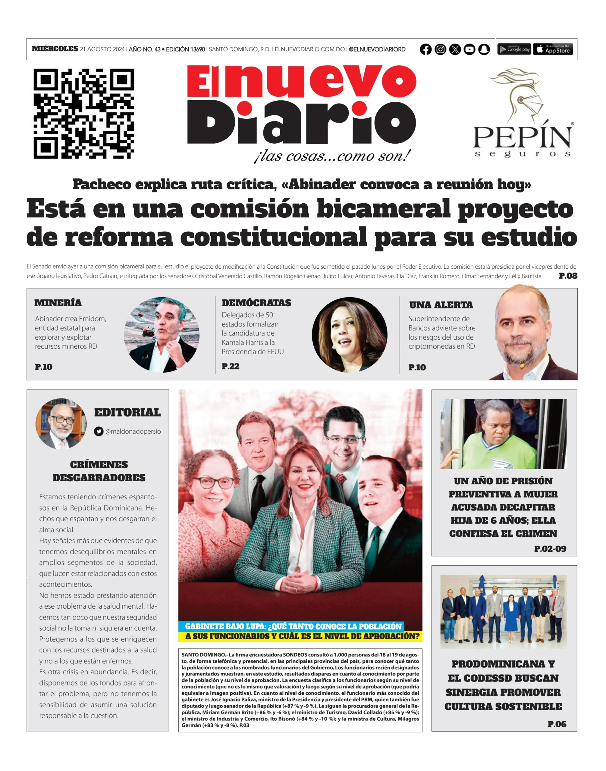 Portada Periódico El Nuevo Diario, Miércoles 21 Agosto, 2024