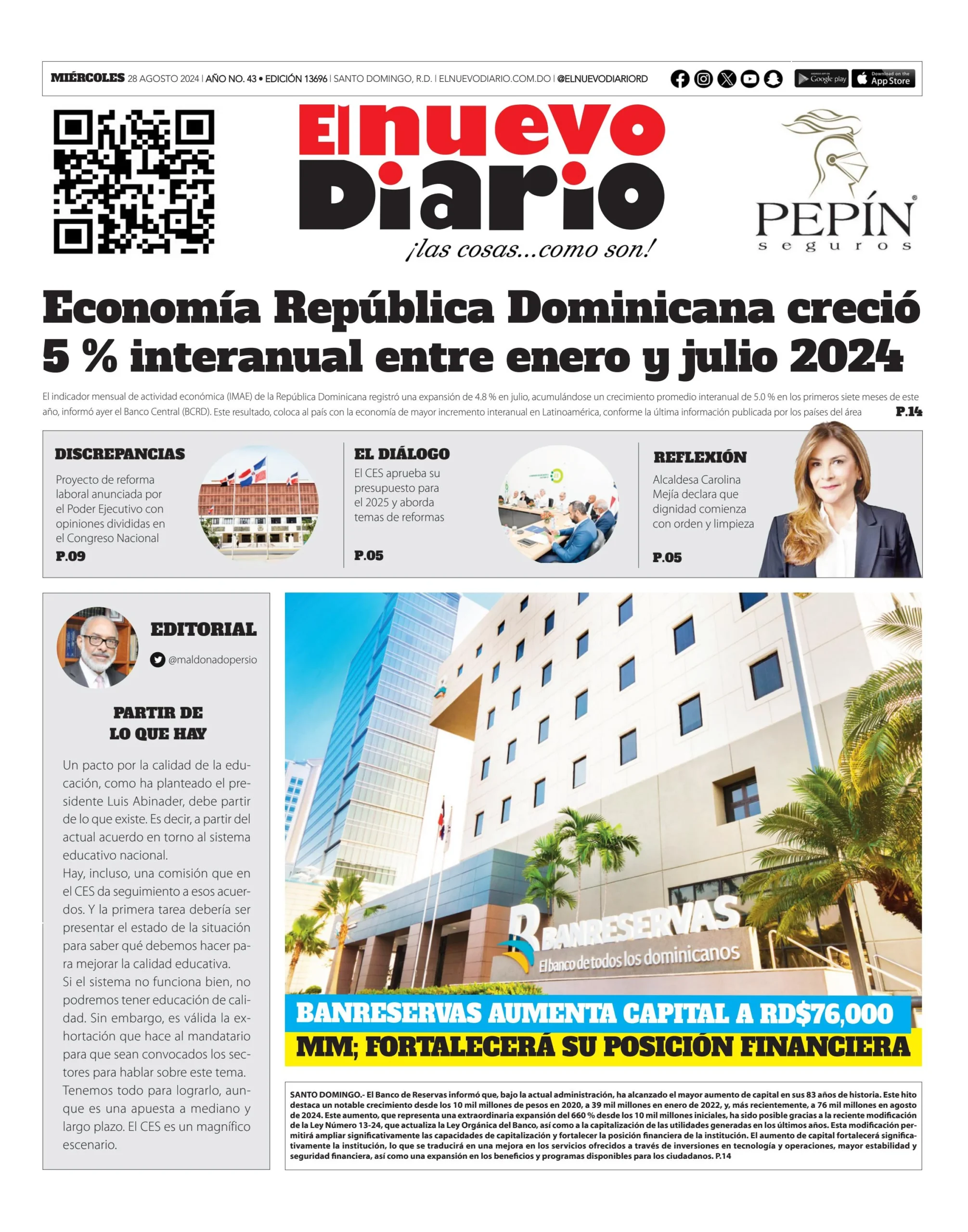 Portada Periódico El Nuevo Diario, Miércoles 28 Agosto, 2024