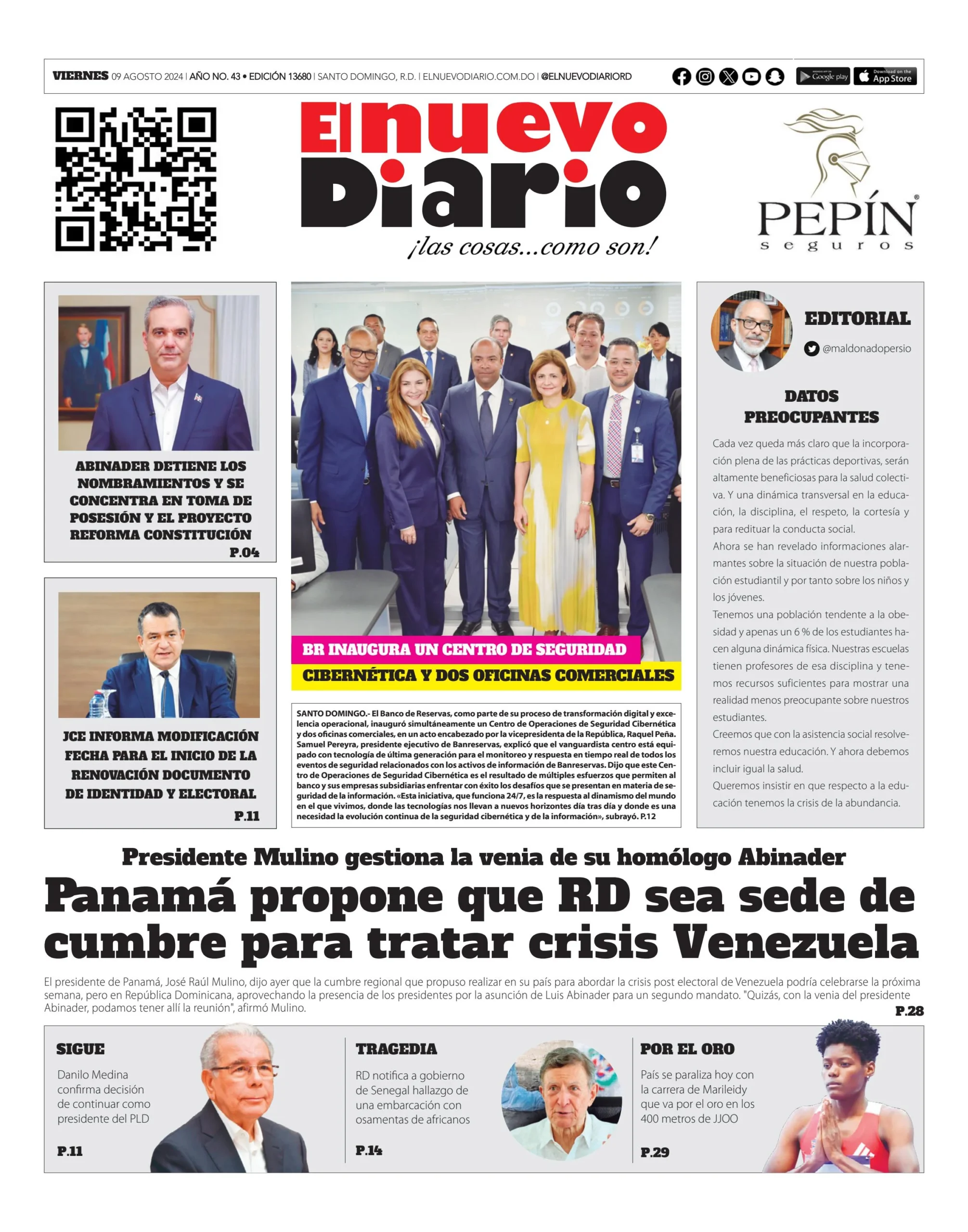 Portada Periódico El Nuevo Diario, Viernes 09 Agosto, 2024