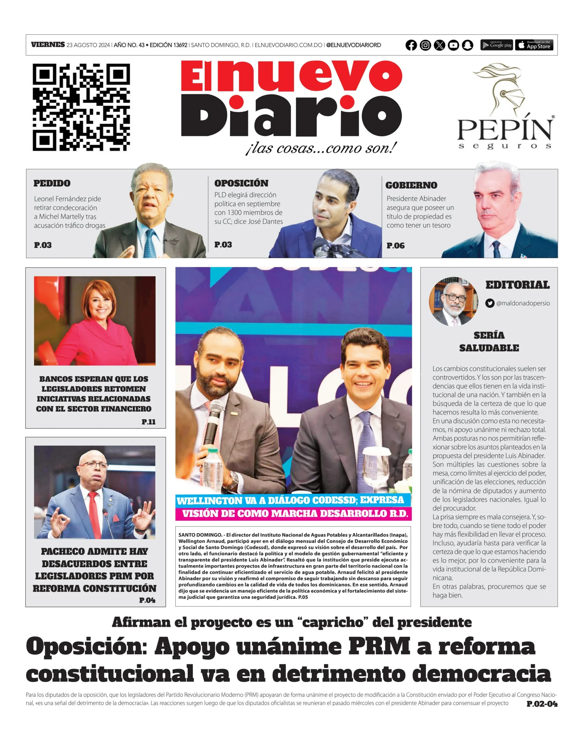 Portada Periódico El Nuevo Diario, Viernes 23 Agosto, 2024