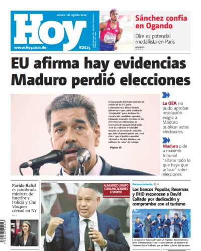 Portada Periódico Hoy, Jueves 01 Agosto, 2024