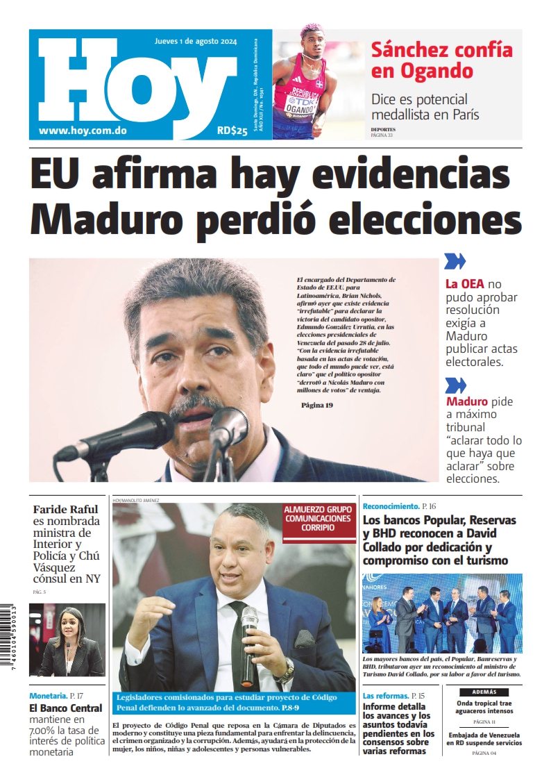 Portada Periódico Hoy, Jueves 01 Agosto, 2024