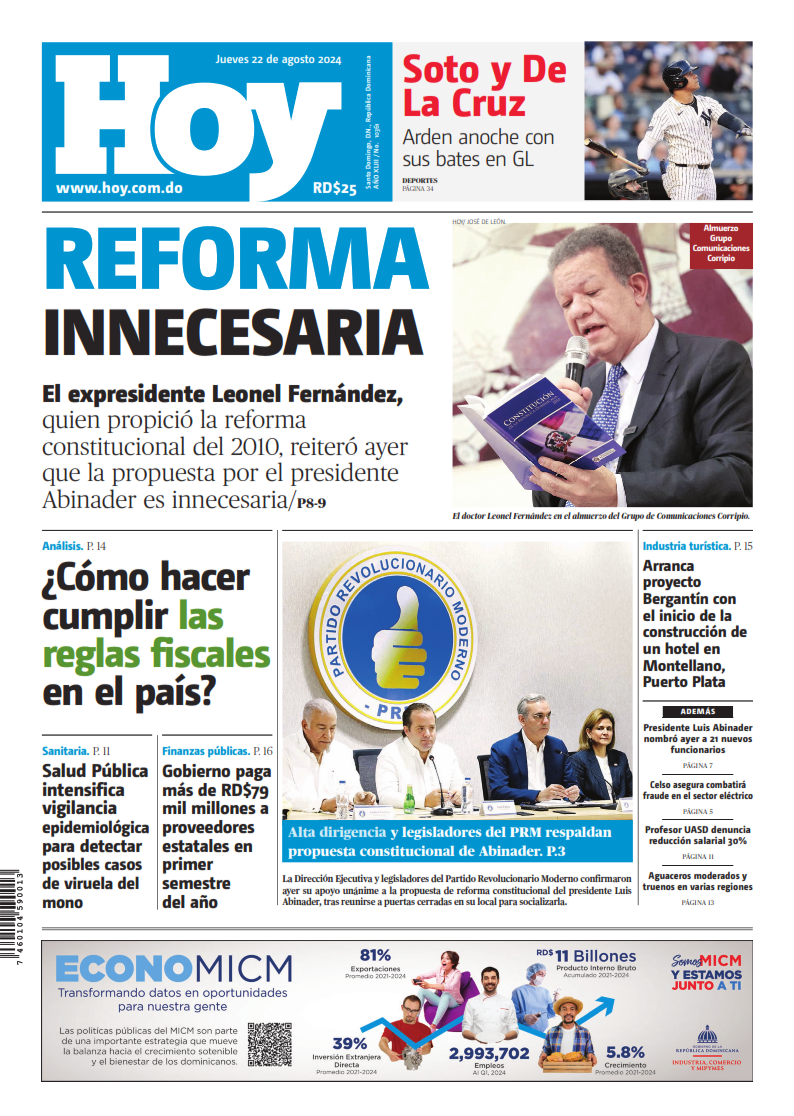 Portada Periódico Hoy, Jueves 22 Agosto, 2024