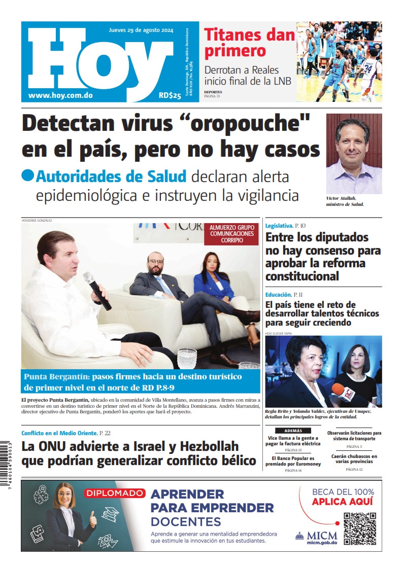 Portada Periódico Hoy, Jueves 29 Agosto, 2024