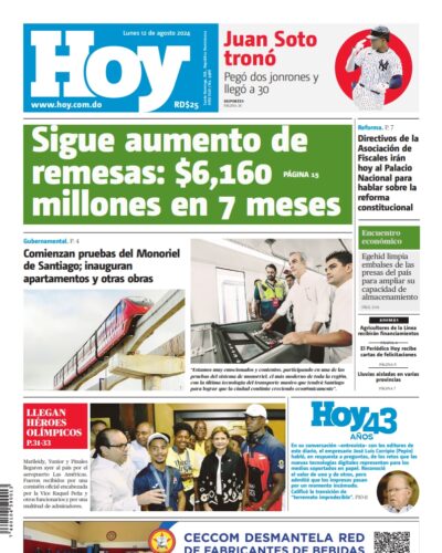 Portada Periódico Hoy, Lunes 12 Agosto, 2024