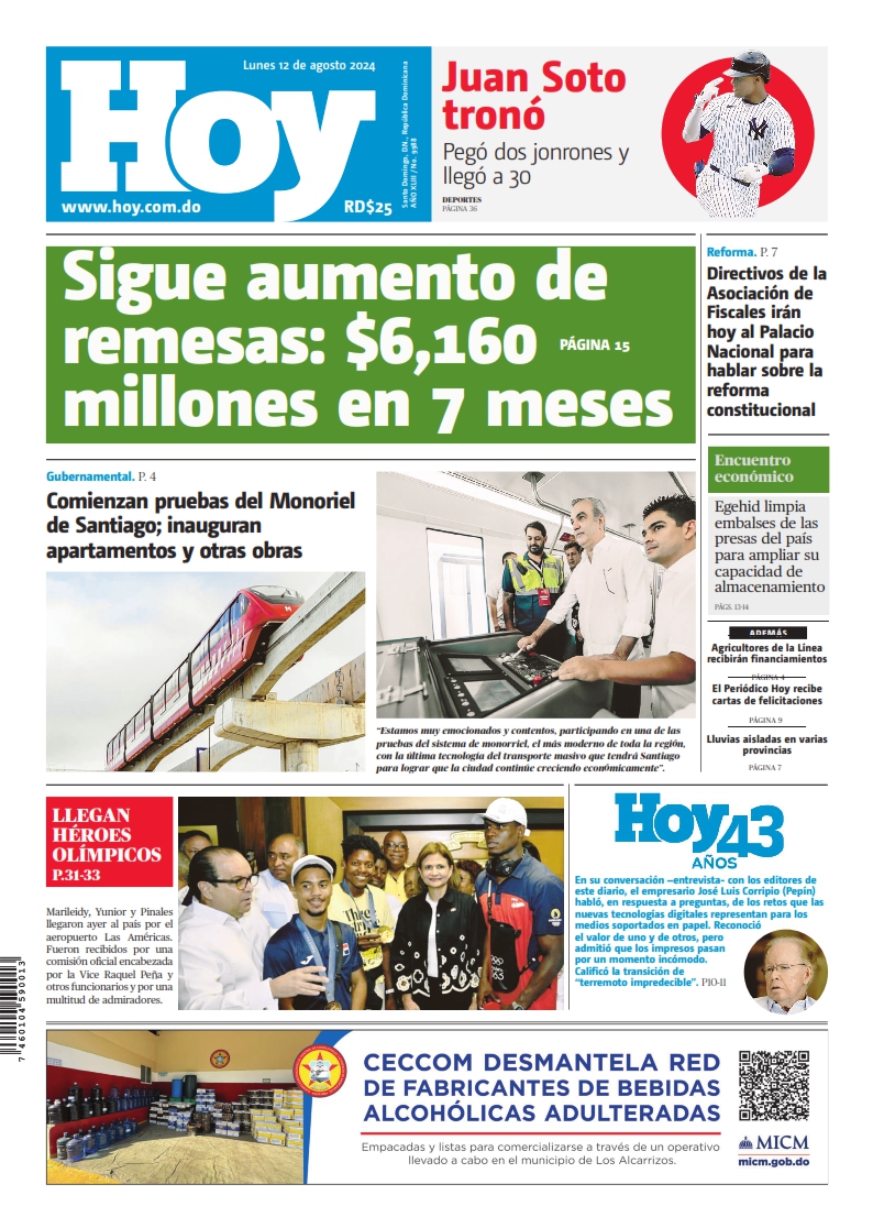 Portada Periódico Hoy, Lunes 12 Agosto, 2024