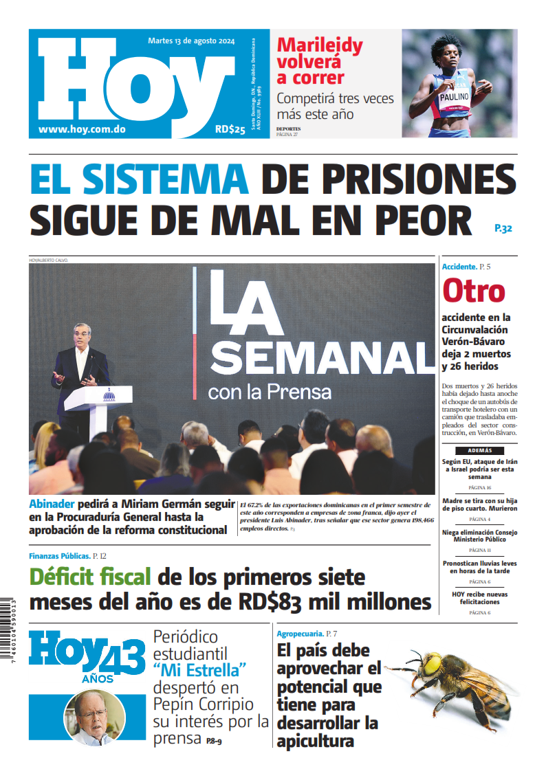 Portada Periódico Hoy, Martes 13 Agosto, 2024