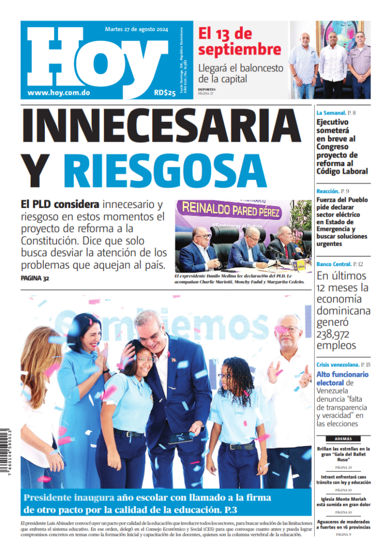 Portada Periódico Hoy, Martes 27 Agosto, 2024 - Dominicana.do