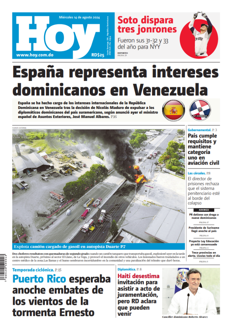 Portada Periódico Hoy, Miércoles 14 Agosto, 2024