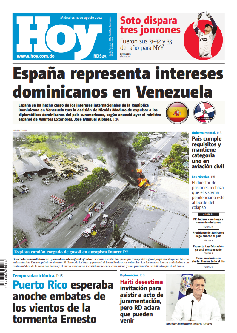 Portada Periódico Hoy, Miércoles 14 Agosto, 2024