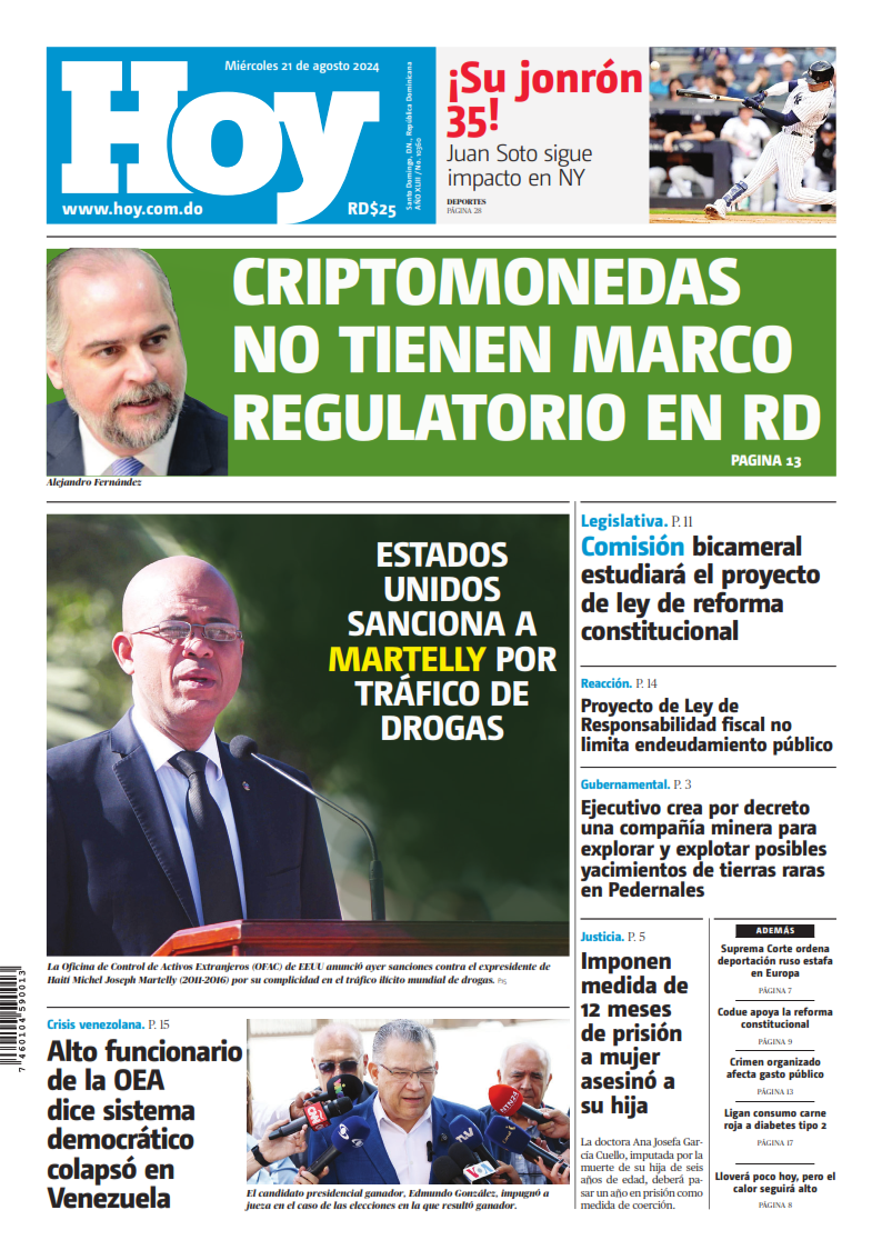 Portada Periódico Hoy, Miércoles 21 Agosto, 2024