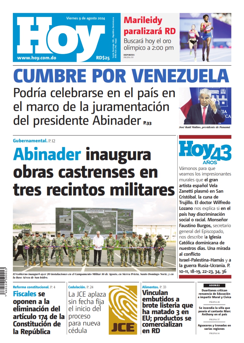 Portada Periódico Hoy, Viernes 09 Agosto, 2024