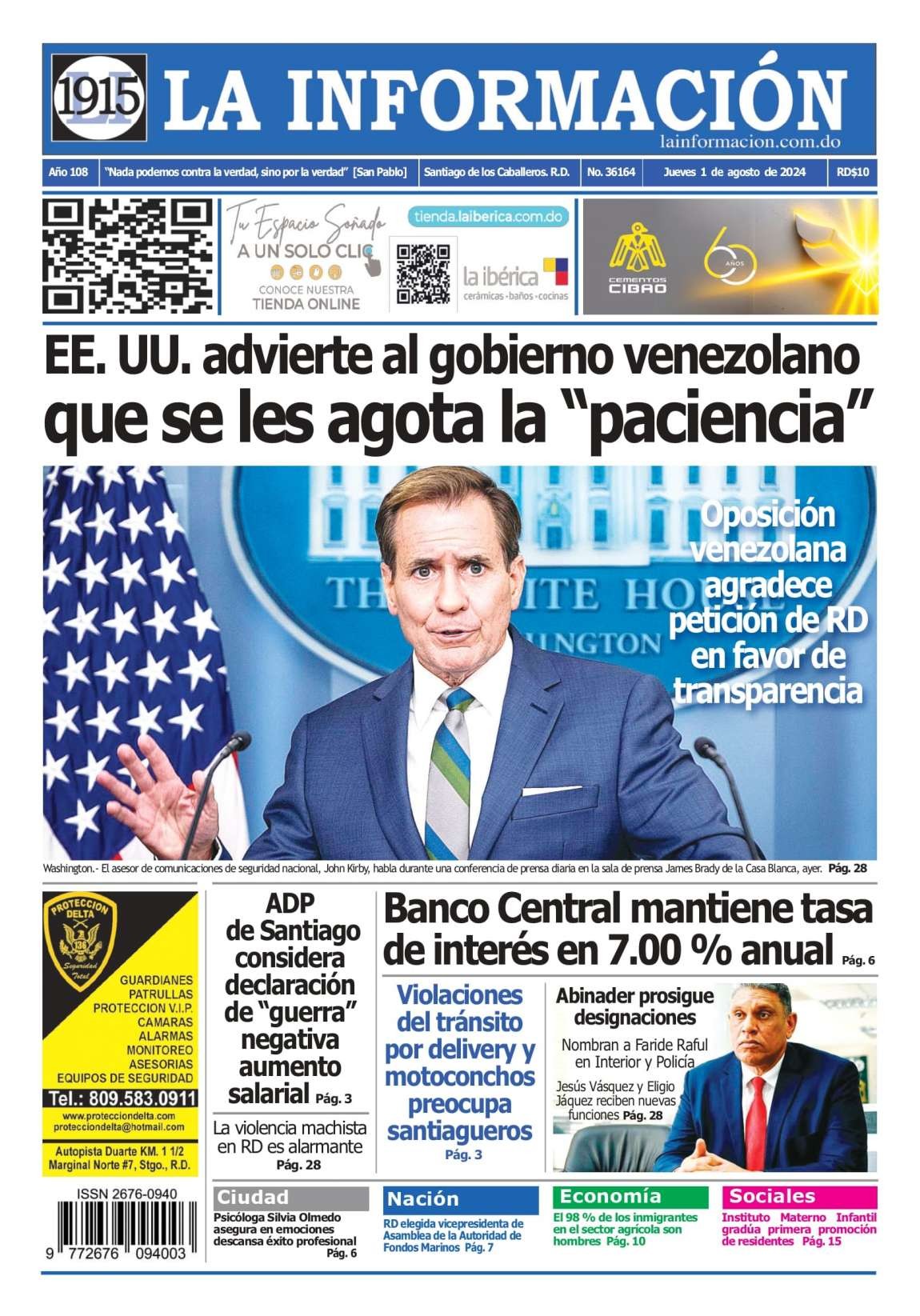 Portada Periódico La Información, Jueves 01 Agosto, 2024