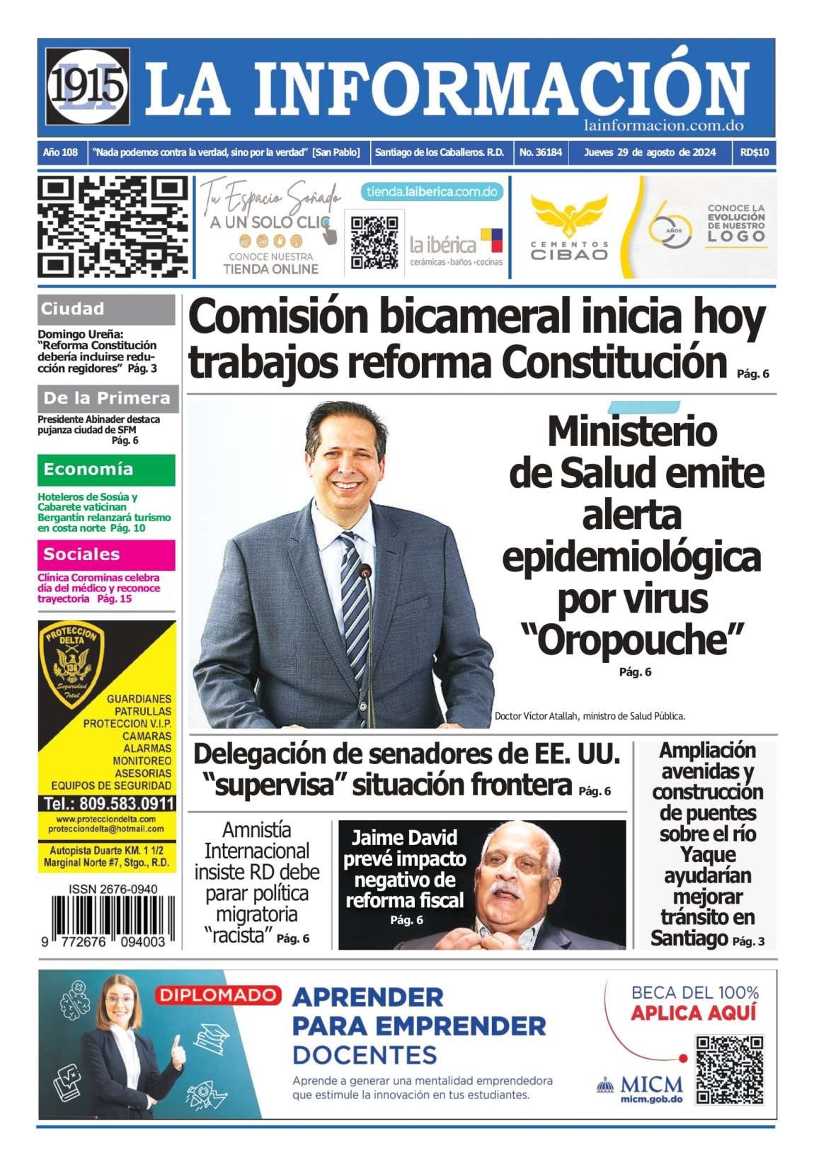 Portada Periódico La Información, Jueves 29 Agosto, 2024